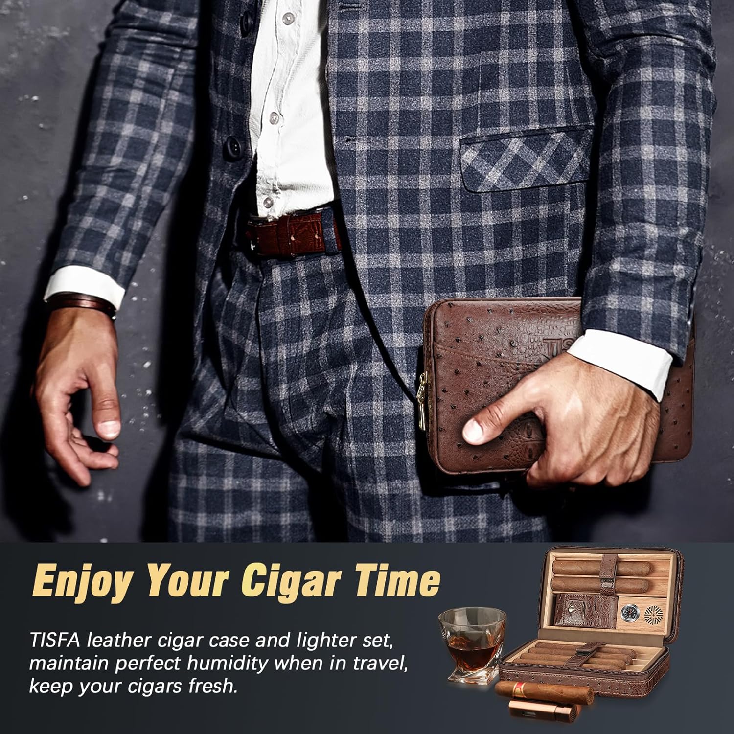 TISFA Cigar Case, Leather Cigar Humidor with Cigar Lighter, V Cut Cigar Cutter, Cigar Holder 3 in 1, Portable Cedar Wood Cigar Box with Humidifier Hygrometer, Cigar Accessories Gifts (Embossed Brown)