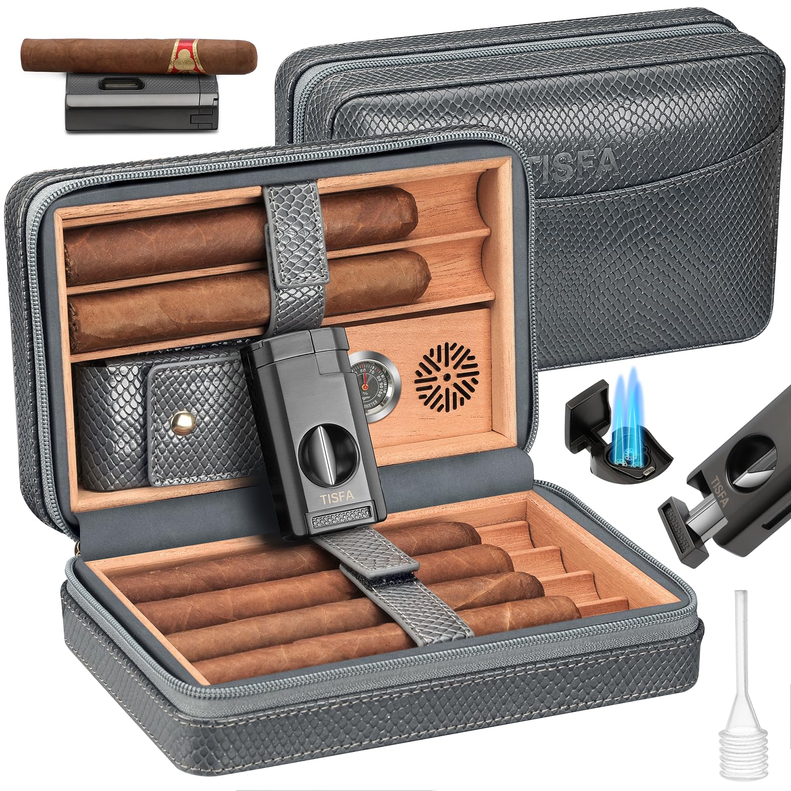 TISFA Cigar Case, Leather Cigar Humidor with Cigar Lighter, V Cut Cigar Cutter, Cigar Holder 3 in 1, Portable Cedar Wood Cigar Box with Humidifier Hygrometer, Cigar Accessories Gifts (Embossed Brown)