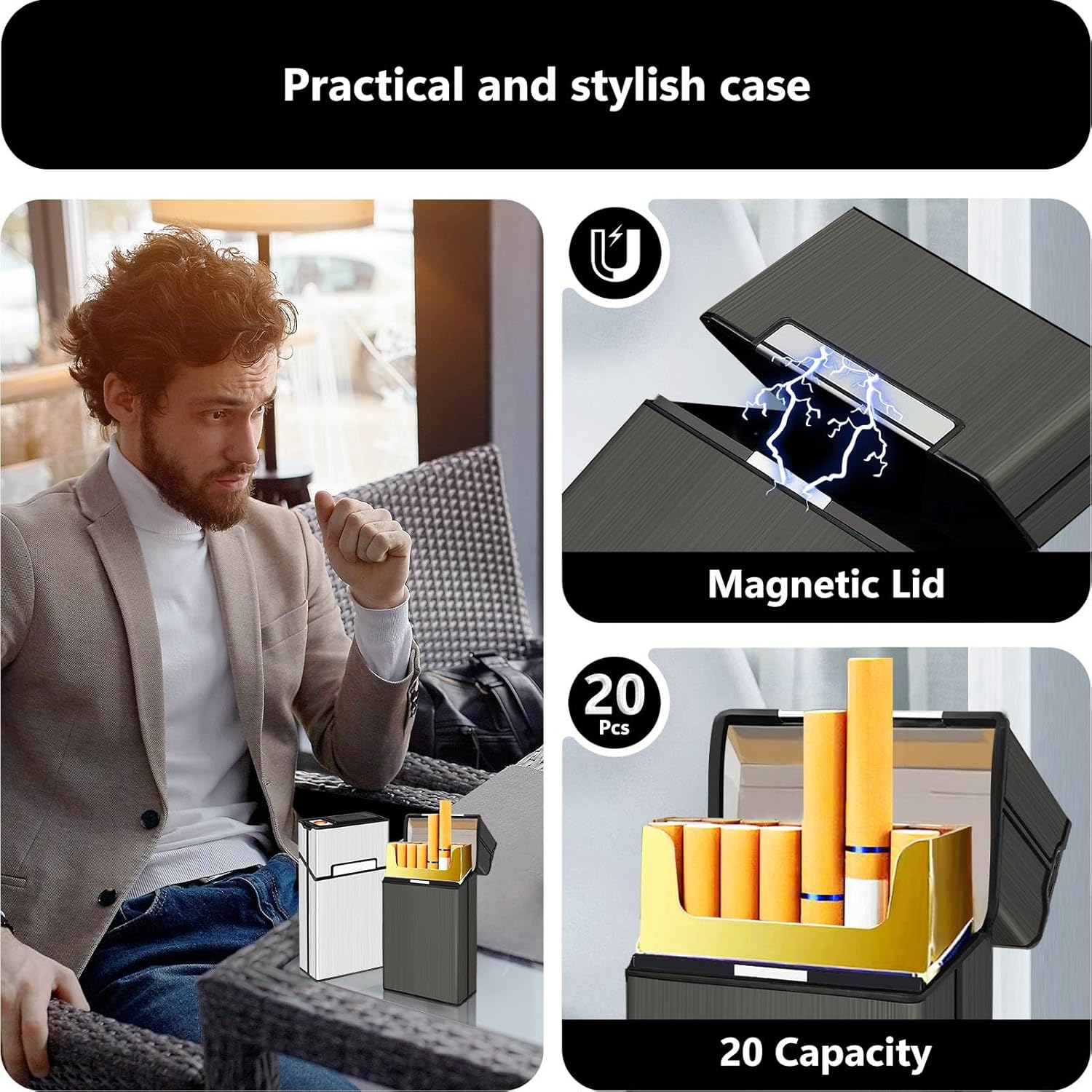 roygra Cigarette Case with Lighter 100s King Size (2 Pack), Magnetic Switch 20 Capacity Holder Case for Men Women, Cigarettes Smoking Accessories, Rechargeable Flameless Windproof Electric Lighters