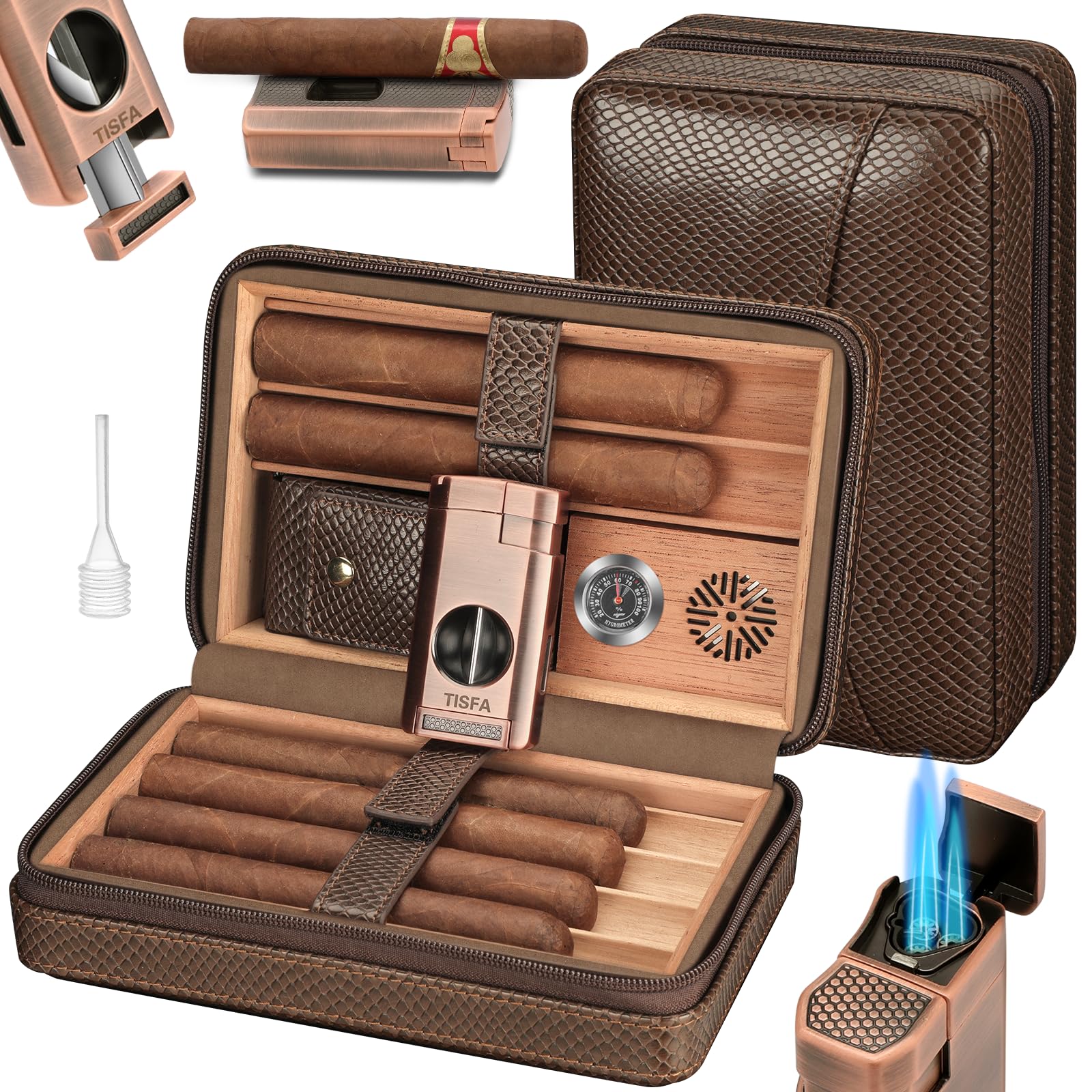 TISFA Cigar Case, Leather Cigar Humidor with Cigar Lighter, V Cut Cigar Cutter, Cigar Holder 3 in 1, Portable Cedar Wood Cigar Box with Humidifier Hygrometer, Cigar Accessories Gifts (Embossed Brown)