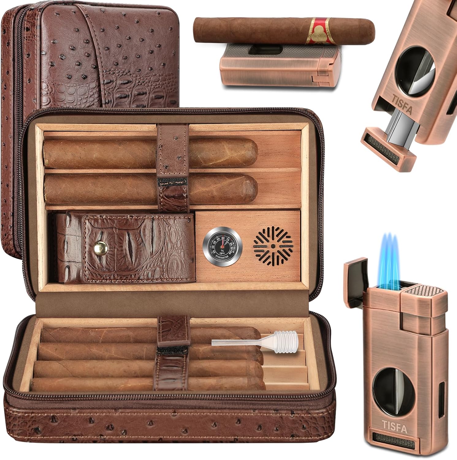 TISFA Cigar Case, Leather Cigar Humidor with Cigar Lighter, V Cut Cigar Cutter, Cigar Holder 3 in 1, Portable Cedar Wood Cigar Box with Humidifier Hygrometer, Cigar Accessories Gifts (Embossed Brown)