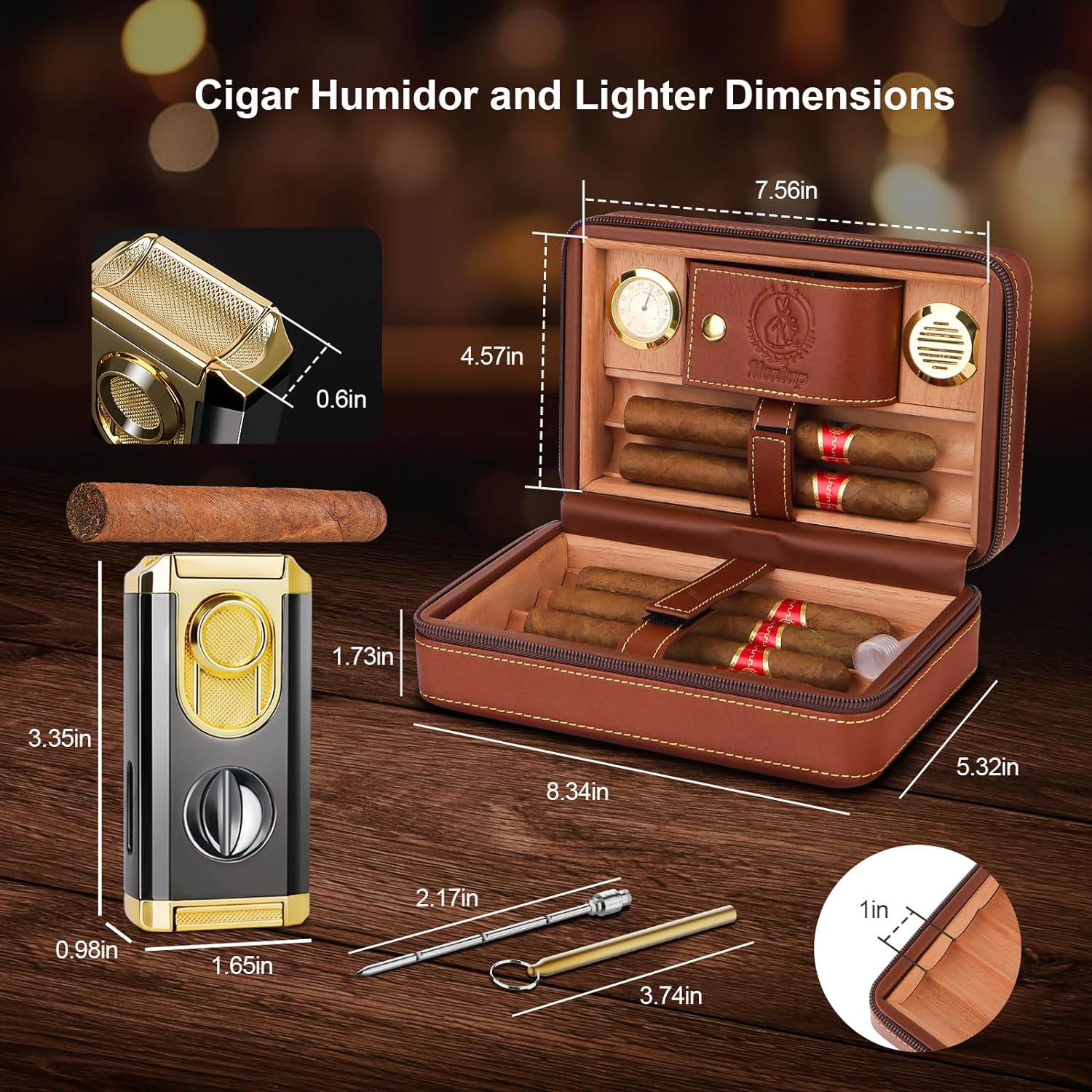 Travel Cigar Humidor, Cedar Wood Lined, with All-in-one Cigar Lighter, Built-in V Cutter& Holder, Cigar Draw Enhancer, Hygrometer & Humidifier, Leather Cigar Case with Cigar Accessories Hold 6 Cigars