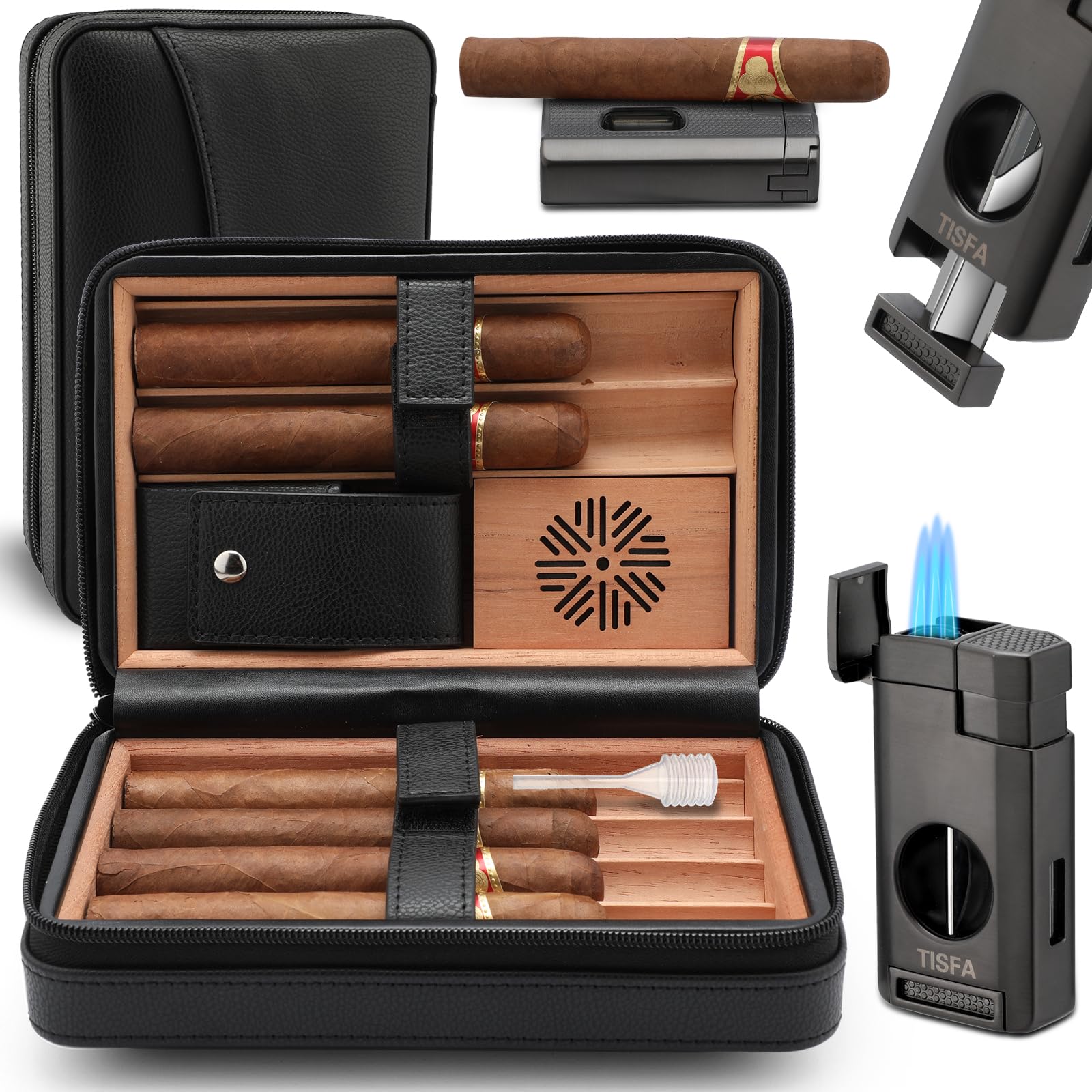 TISFA Cigar Case, Leather Cigar Humidor with Cigar Lighter, V Cut Cigar Cutter, Cigar Holder 3 in 1, Portable Cedar Wood Cigar Box with Humidifier Hygrometer, Cigar Accessories Gifts (Embossed Brown)
