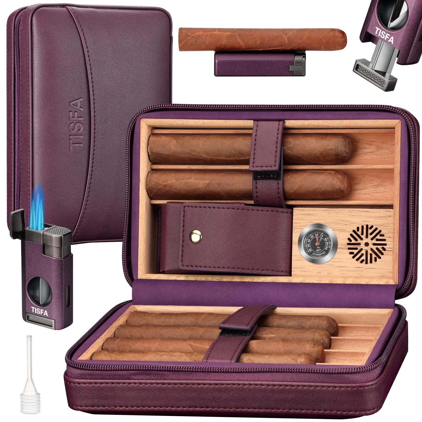TISFA Cigar Case, Leather Cigar Humidor with Cigar Lighter, V Cut Cigar Cutter, Cigar Holder 3 in 1, Portable Cedar Wood Cigar Box with Humidifier Hygrometer, Cigar Accessories Gifts (Embossed Brown)
