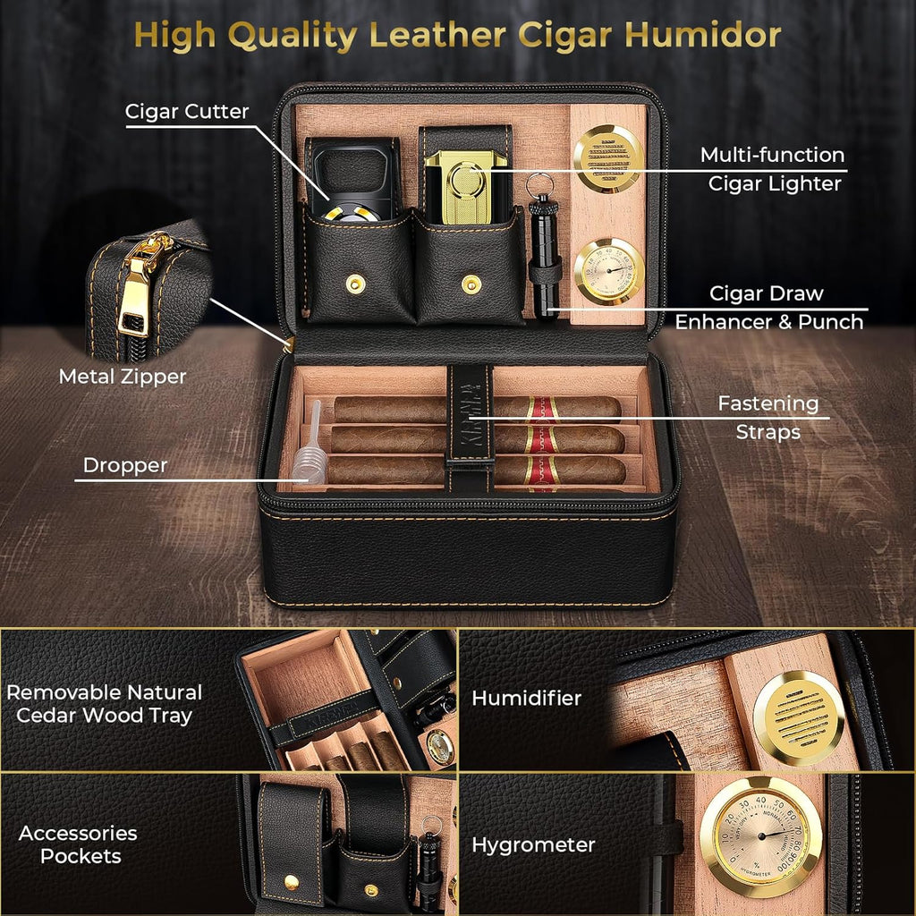 Travel Cigar Humidor Set, 2-Layer Design & CedarWood Lined, with Cigar Lighter Built-in V Cutter&Holder, Cigar Cutter, Draw Enhancer, Hygrometer, Humidifier, Portable Leather Cigar Case, Gifts for Men