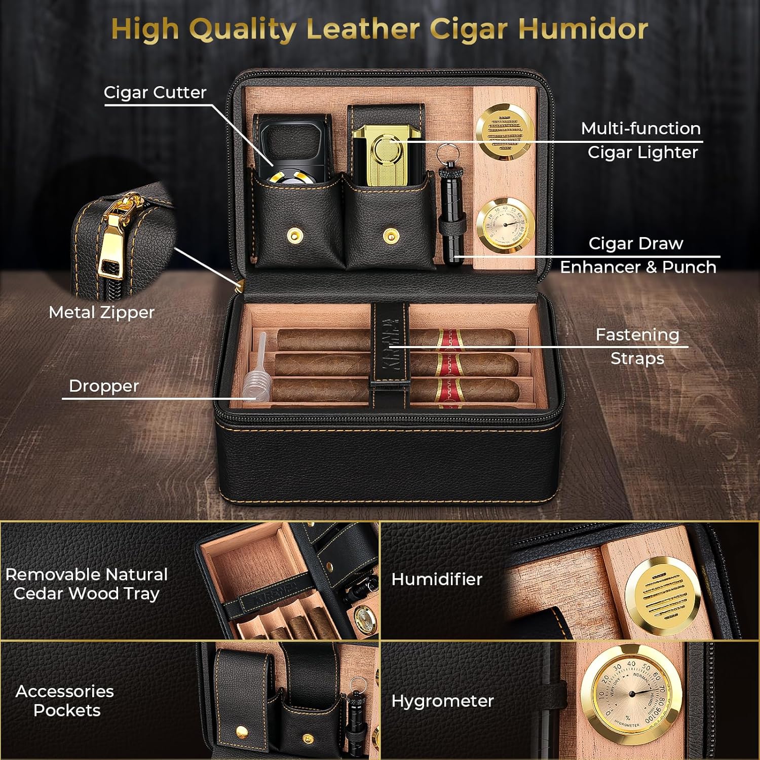 Travel Cigar Humidor Set, 2-Layer Design & CedarWood Lined, with Cigar Lighter Built-in V Cutter&Holder, Cigar Cutter, Draw Enhancer, Hygrometer, Humidifier, Portable Leather Cigar Case, Gifts for Men